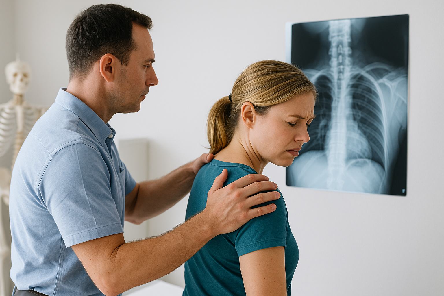 A chiropractor, dressed in a light blue short-sleeve shirt, gently examines a woman’s upper back and shoulder area while reviewing a spinal X-ray on the wall behind them.