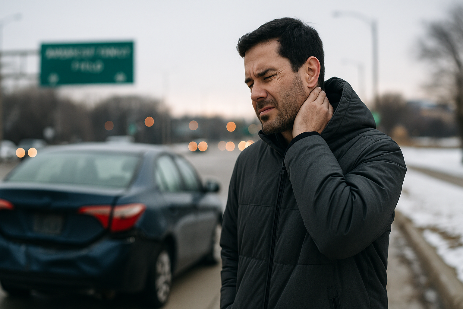 Man holding his neck after a car accident in Milwaukee.