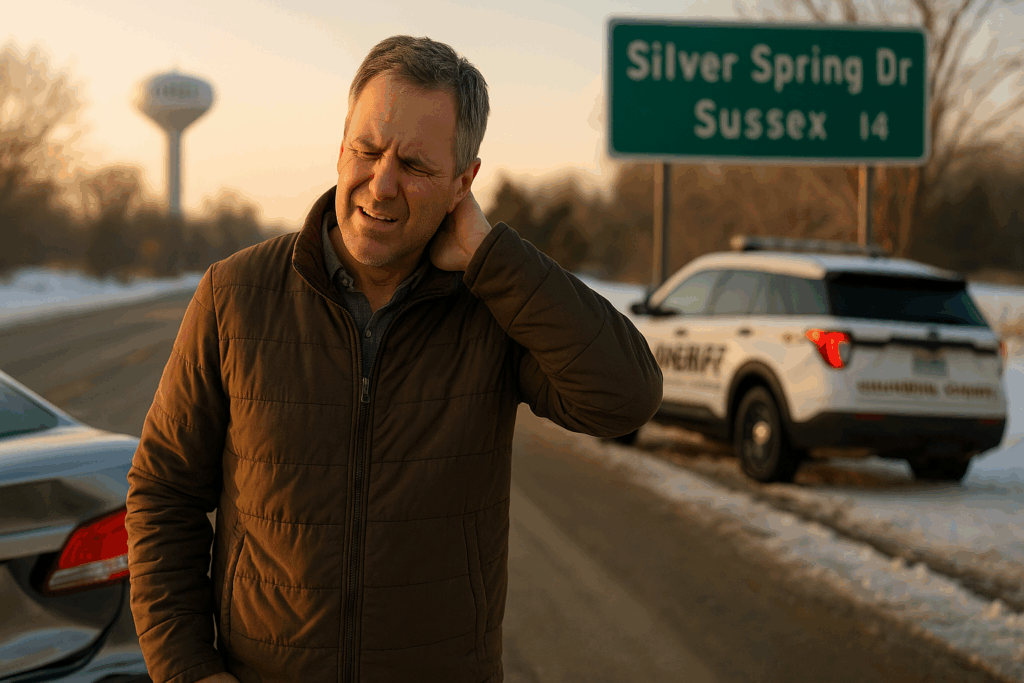 man holding his neck after a car accident in sussex, wi.