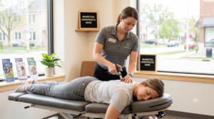 Chiropractor performing a gentle instrument adjustment on a patient in a Wauwatosa, WI clinic