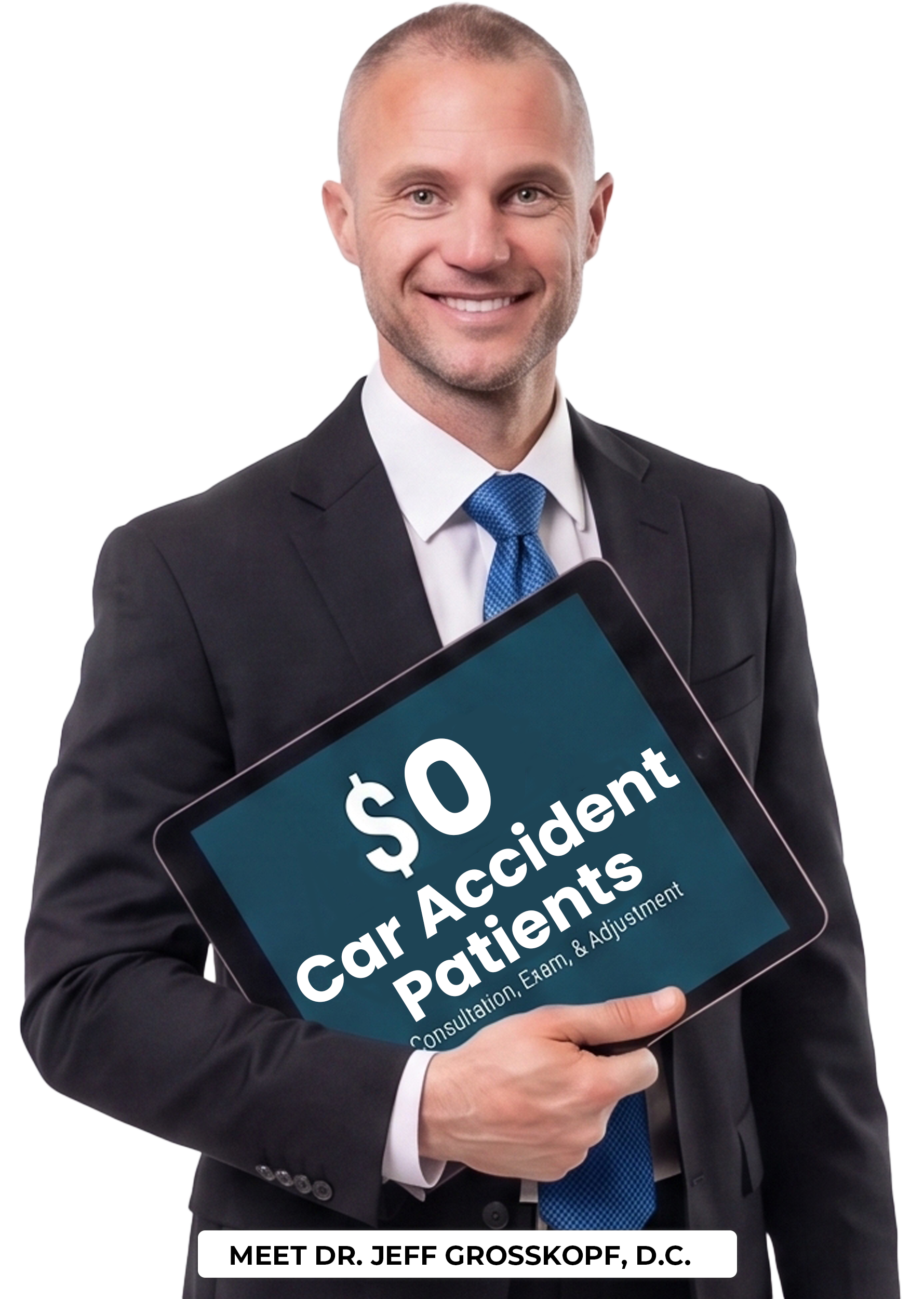 Dr. Jeff holding a new patient special coupon for car accident patients.