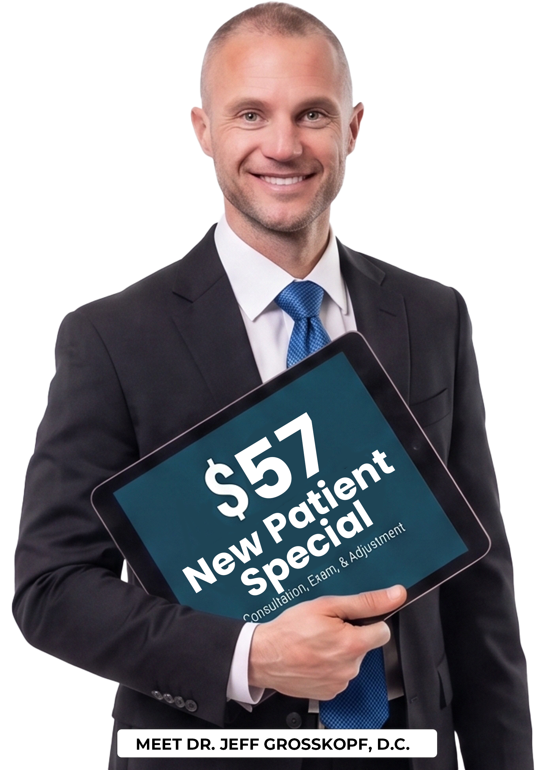 Dr. Jeff holding a new patient special coupon.