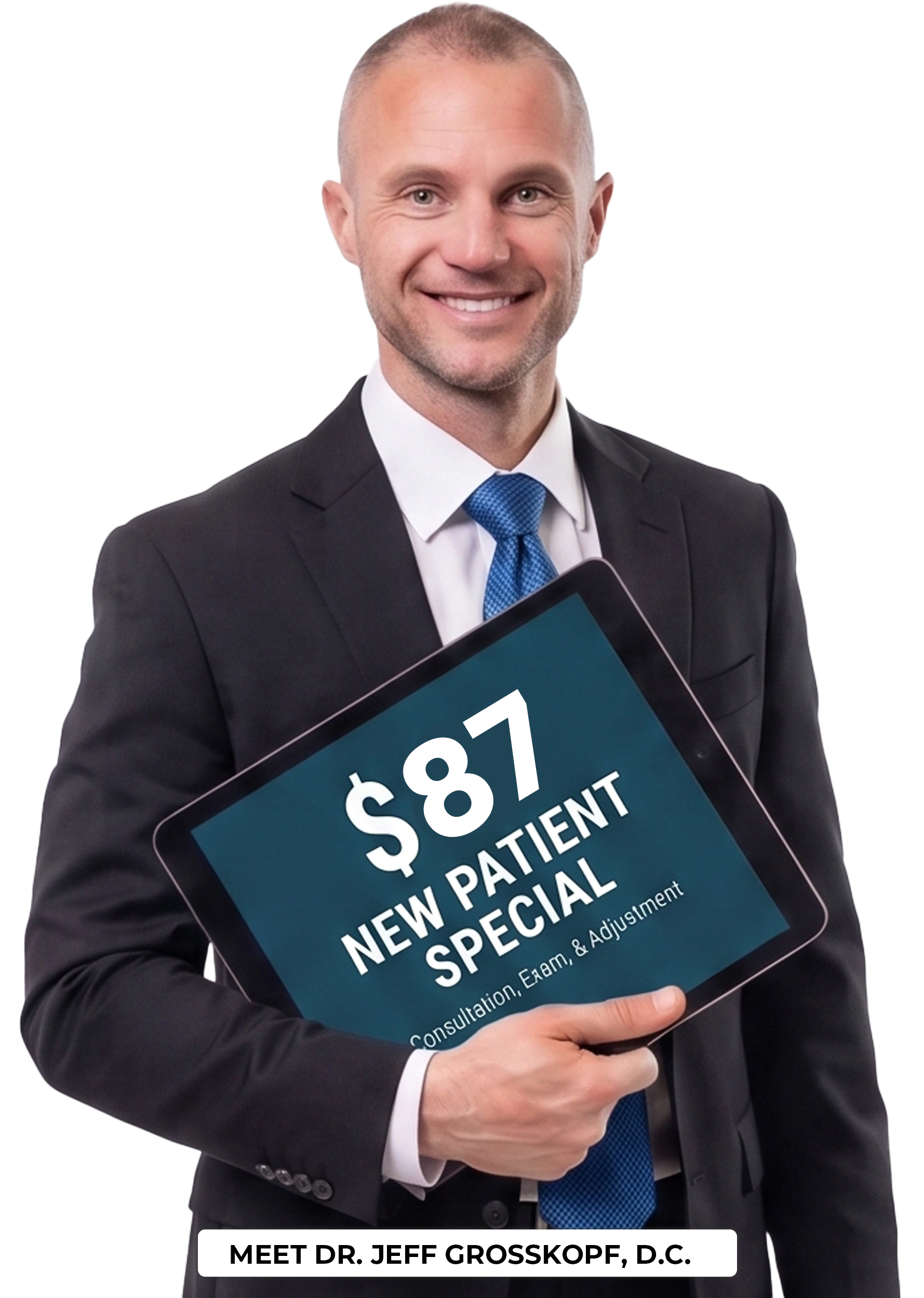 Dr. Jeff holding a new patient special coupon.