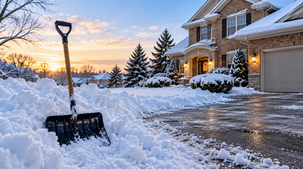 Snow shovel standing in a pile of heavy wet snow beside a half cleared driveway at a brick home in Wisconsin in early morning light