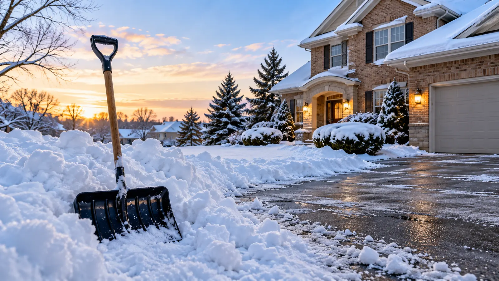 Snow shovel standing in a pile of heavy wet snow beside a half cleared driveway at a brick home in Wisconsin in early morning light