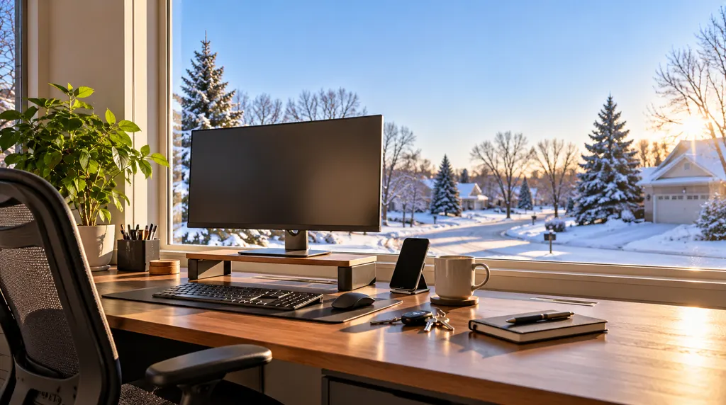 Office desk with a monitor raised to eye level, an ergonomic chair, keyboard, phone stand, coffee and car keys beside a window onto a snowy Wisconsin street