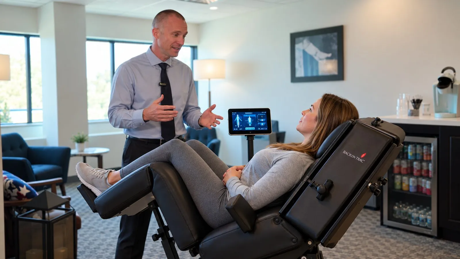 Chiropractor explaining spinal decompression to a patient resting on the Back on Trac table in Wauwatosa, Wisconsin